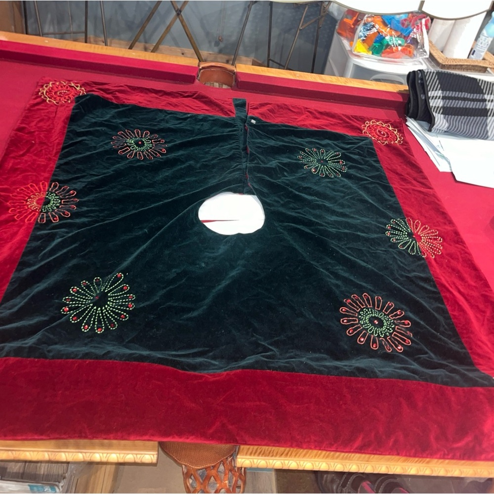 Square Christmas Tree Skirt Velvet Green Burgundy Red Floral Embroidery Red Gems